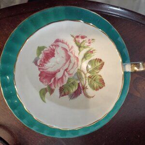 Older Aynsley Bone China floating Cabbage Rose Cup and Saucer, VG condition